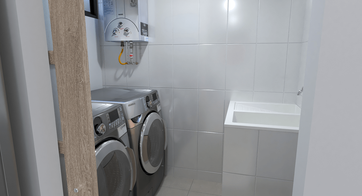 Zona de ropas con puerta corrediza y espacio para lavadora y secador independiente - Incluye calentador de paso
