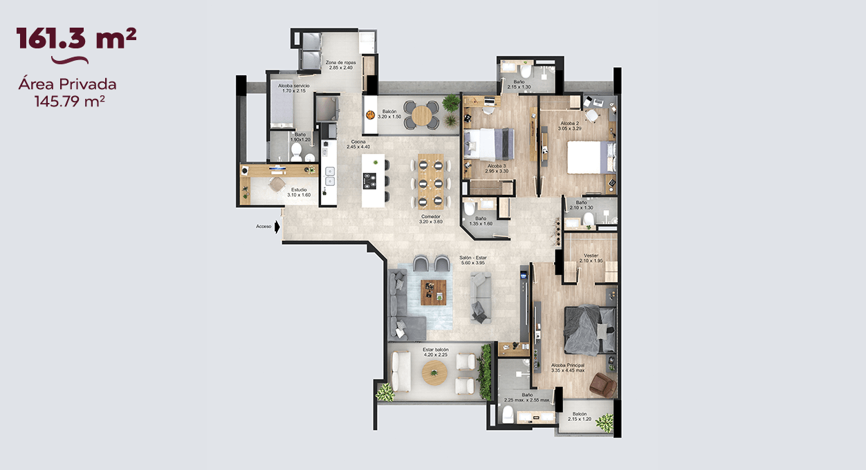 Planta arquitectónica 161.3 m2 - Burdeos Apartamentos