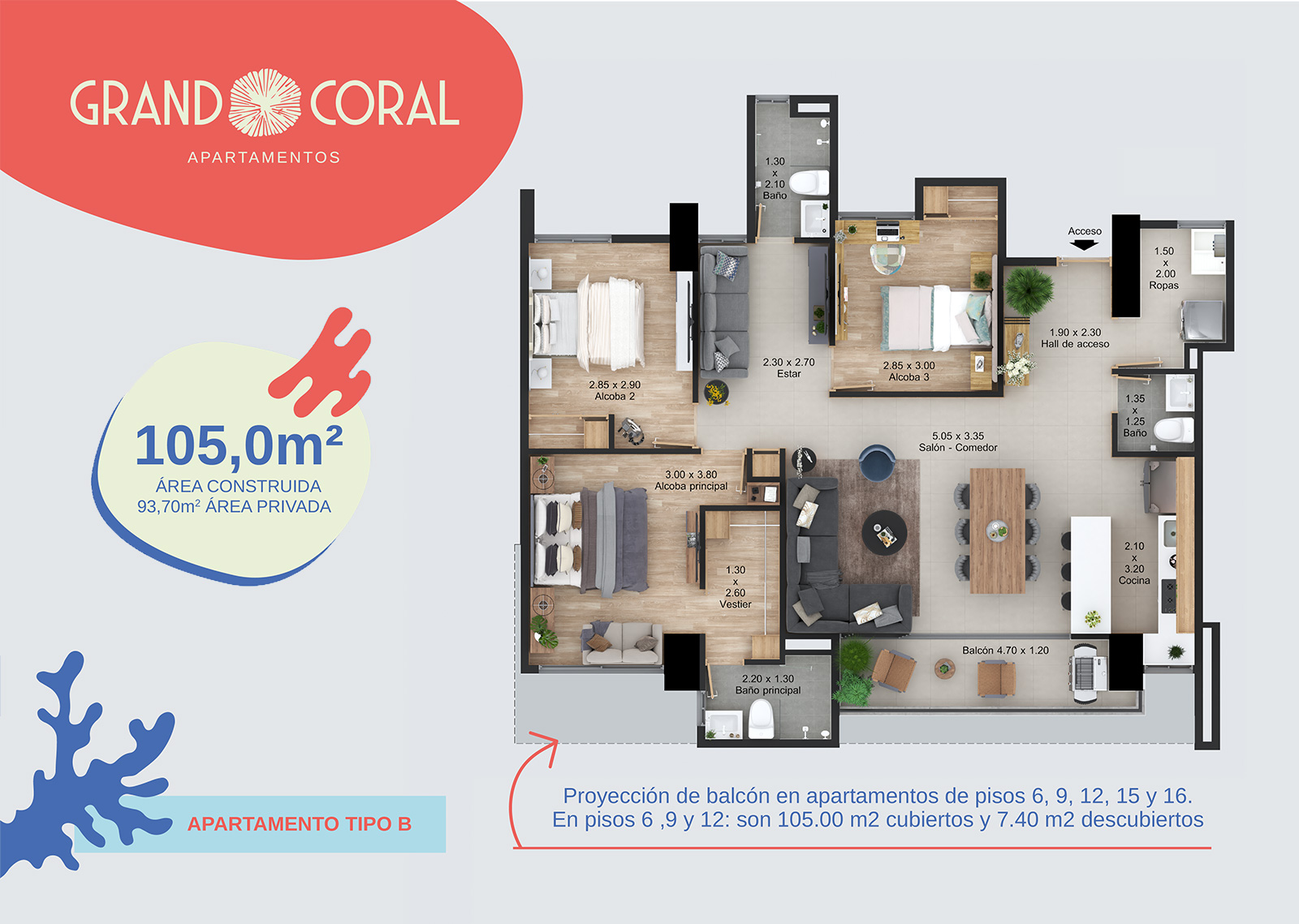 Apartamento 105 m2 Grand Coral en Laureles