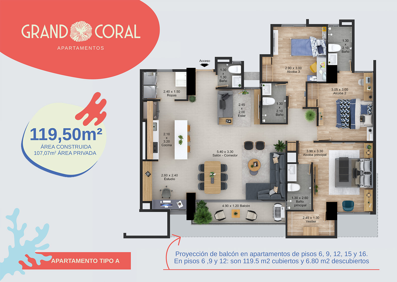 Apartamento 119.5 m2 Grand Coral en Laureles