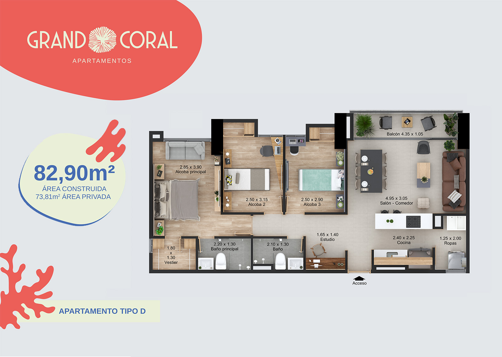 Apartamento 82.9 m2 Grand Coral en Laureles