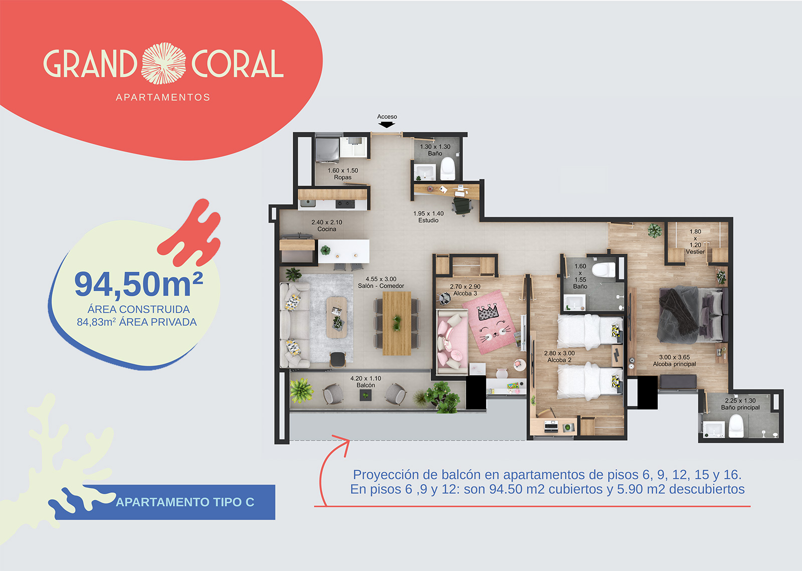 Apartamento 94.5 m2 Grand Coral en Laureles